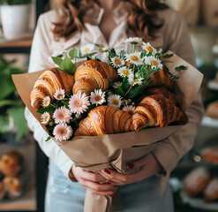A bouquet of croissants and colorful flowers held by urban woman.