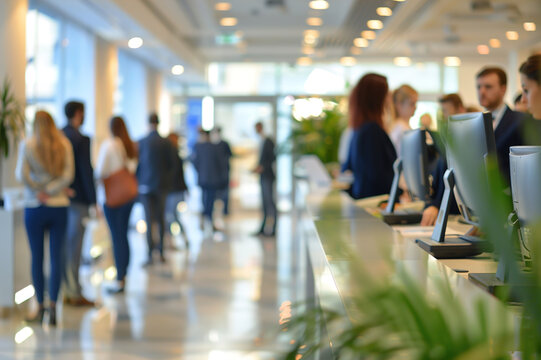Bustling bank office: Employees serve customers, discuss financial matters. Computers, , money, paperwork and cash transactions.
