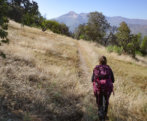 Naklejka premium Santiago, Chile - 25 Nov, 2023: A Female hiker on a trail in the Andes Mountains near Pirque, Chile