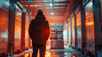 A man in a brown jacket stands in a warehouse with orange lights