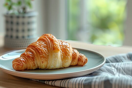Freshly baked croissant on a ceramic plate by the window. A cozy breakfast setting with natural light, image for food and lifestyle themes. Banner with copy space.