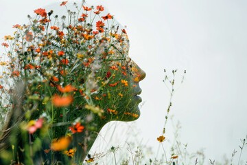 double exposure portrait of female face  profile and summer field flowers. Woman in spring. Harmony between nature and person. Feminine energy. - obrazy, fototapety, plakaty