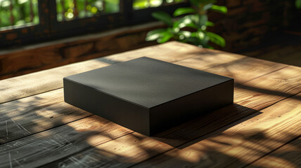 A black box on a wooden table in sunlight