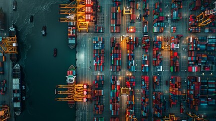 A city skyline with a large number of red and orange containers
