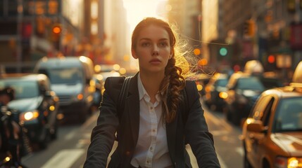 A woman in a business suit rides a bike through a busy city street