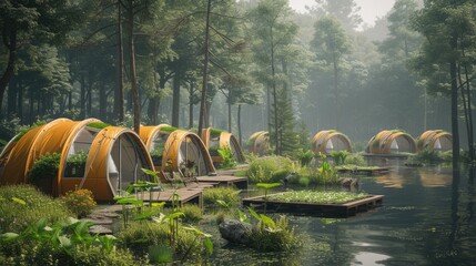 Sustainable Camping Pods in Misty Forest, Eco-friendly camping pods set along a serene lake in a...