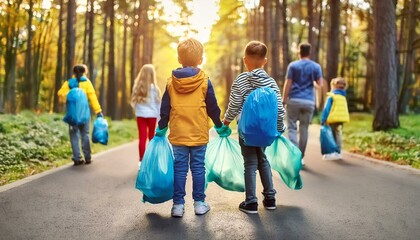Kinder helfen und sammeln den Müll ein für eine saubere Umwelt. 