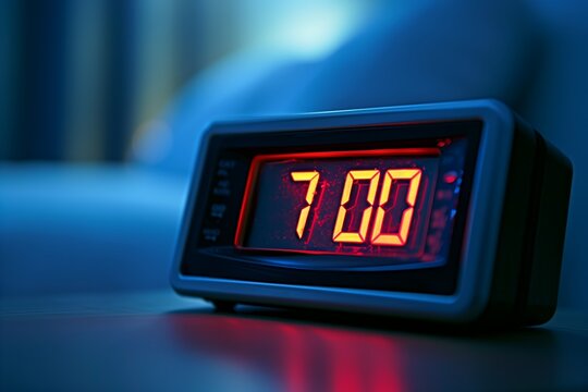 Alarm clock with red digital numbers marking 7:00 hour on a nightstand