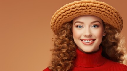 Radiant Young Woman in Stylish Beret and Red Sweater Smiling
