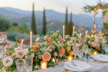 floral arrangement of pastel peach fuzz color flowers, outdoor table setting at wedding event. Romantic setting with centerpieces and lights.