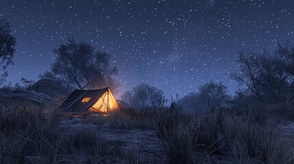 A small tent is lit up by a fire in the middle of a field