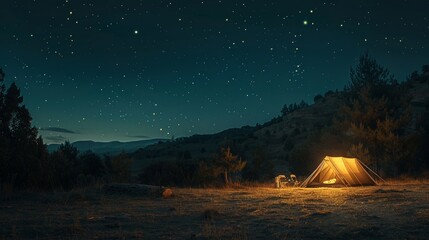 Fototapeta na wymiar A small tent is set up in a field at night