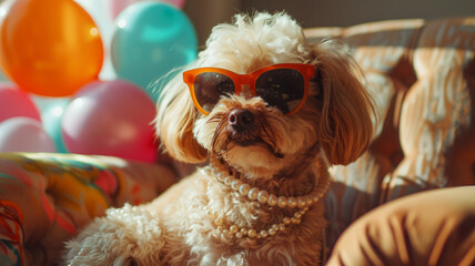 Dog with sunglasses and pearls amongst balloons