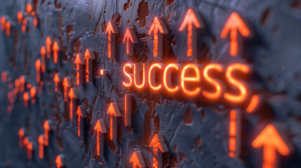 A series of arrows pointing upwards towards the word success, symbolizing progress and upward mobility