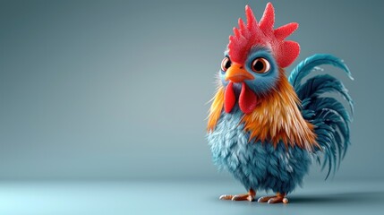 Cute rooster cartoon 3d on the right side with blank space for text