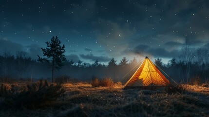 A small tent is lit up in the woods at night