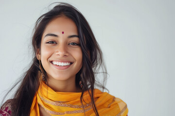 Beautiful indian woman smiling on white background