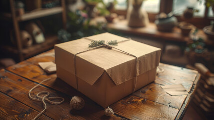 A wrapped gift on a wooden table - Powered by Adobe
