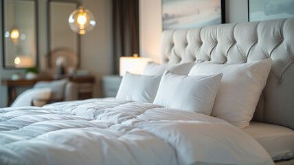 White bed with pillows in a room.