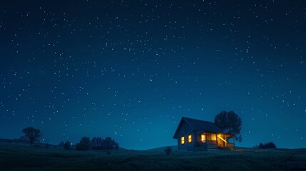 Obraz premium A small house is in the middle of a field with a starry sky above it