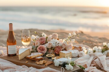 floral arrangement of pastel peach fuzz color flowers, outdoor table setting at wedding or engagement picnic on the beach. Romantic setting with centerpieces and lights.