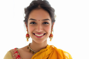 Beautiful indian woman smiling on white background
