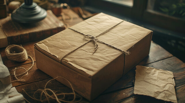A wrapped package on a wooden table.