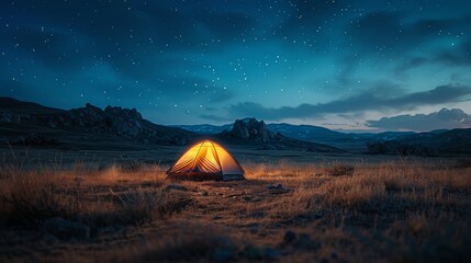 A small tent is set up in a field at night