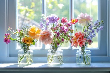 Posy arrangements of spring. summer season blooms in three glass jars by the window