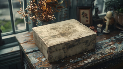 A weathered wooden box on a vintage table.