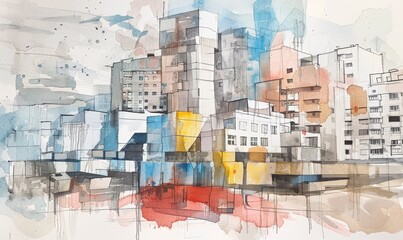 Fototapeta premium Bright watercolor drawing of a residential area of ​​the city