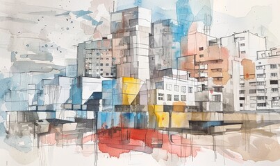 Bright watercolor drawing of a residential area of ​​the city