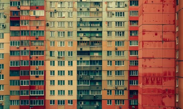 Multi-apartment monoblock building, shot straight, red accent