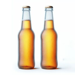 Clear glass beer bottles with condensation droplets on white background, showing the entire bottle, Generative Ai.