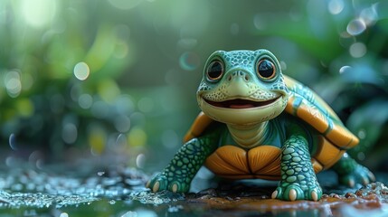 Cute turtle cartoon 3d on the right side with blank space for text