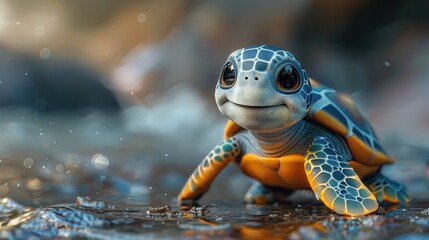 Cute turtle cartoon 3d on the right side with blank space for text