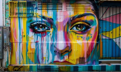 Bright graffiti in the city, a close-up image of a woman’s face with eyes of different colors - Powered by Adobe