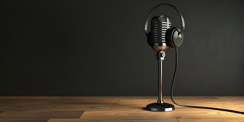 Professional microphone with black headphones over black background on white marble table 