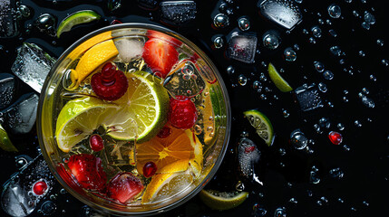 Fresh fruit cocktail drink with ice lime and lemon
