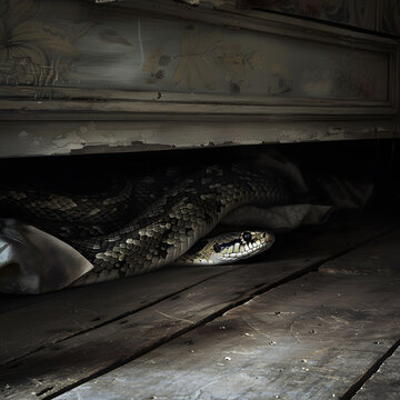 Snake under bed in cinematic style, Unsafe Concept.