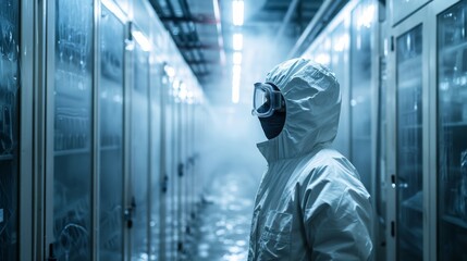 A man in a white lab coat stands in a room with a foggy atmosphere