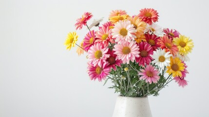 Chrysanthemums blossoms arranged in a ceramic vase stand out against a pristine white backdrop