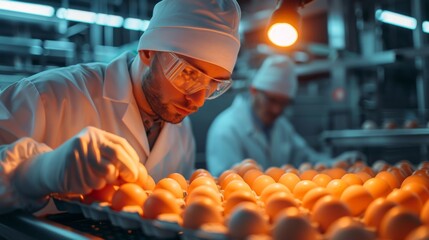 A man in a lab coat is examining a tray of eggs