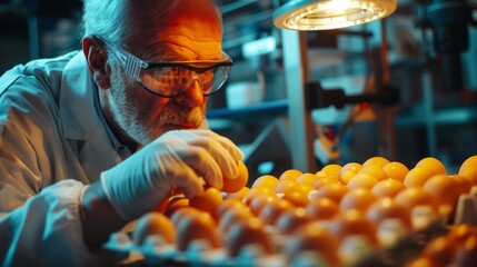 A man in a lab coat is examining a tray of eggs