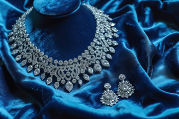 Obraz premium diamond necklace and earrings set on a blue velvet fabric