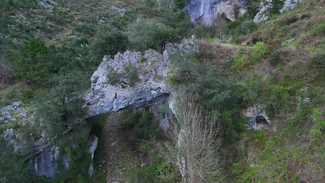 Landscape around the natural stone Arch of Jentilzubi in Dima in the Province of Bizkaia. Basque Country. Spain. Europe