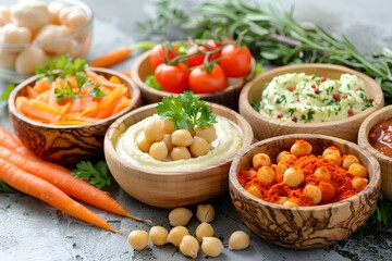 A variety of food items are arranged in bowls on a table top with vegetables and dips in them