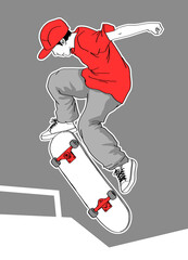 sk8 boy, boy with skateboard to Do Skateboard Tricks. Vector illustration.Cartoon character.	