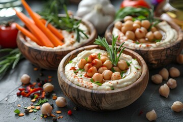A table topped with bowls of food and vegetables next to garlic and carrots on top of a table