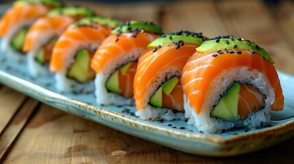   A plate of sushi featuring avocado, salmon, and cucumber atop a wooden table